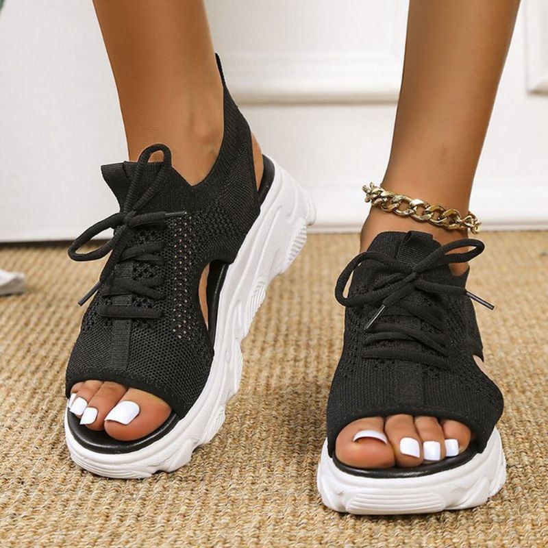 Dame Casual Lace-up Comfy Strik Open Toe Platform Sandaler