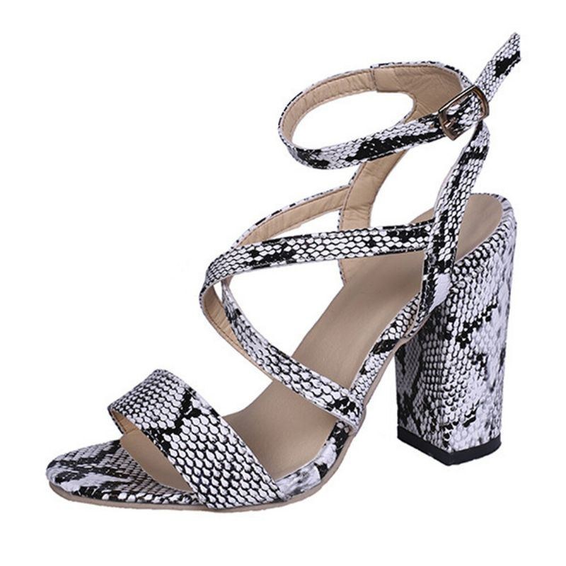 Dame Casual Snake Pattern Spænde Antiskrid Bærbare Chunky Heels Stribesandaler