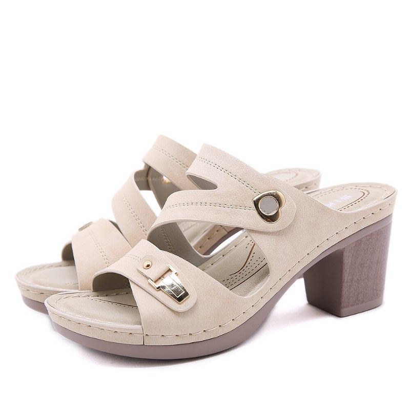 Dame Comfy Metal Spænde Peep Toe Rygløse Chunky Heel Sandaler