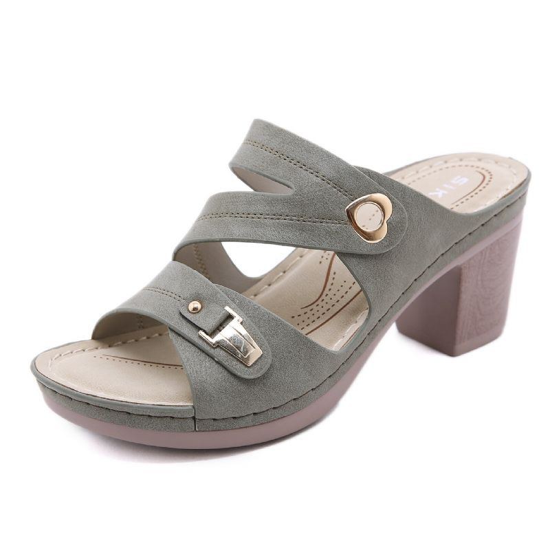 Dame Comfy Metal Spænde Peep Toe Rygløse Chunky Heel Sandaler