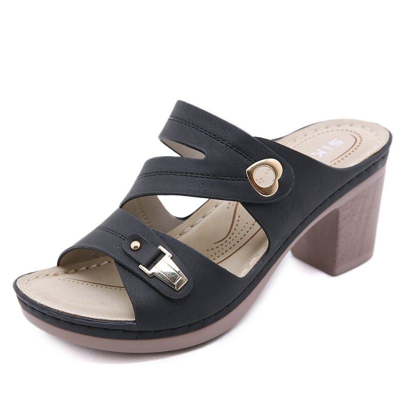 Dame Comfy Metal Spænde Peep Toe Rygløse Chunky Heel Sandaler