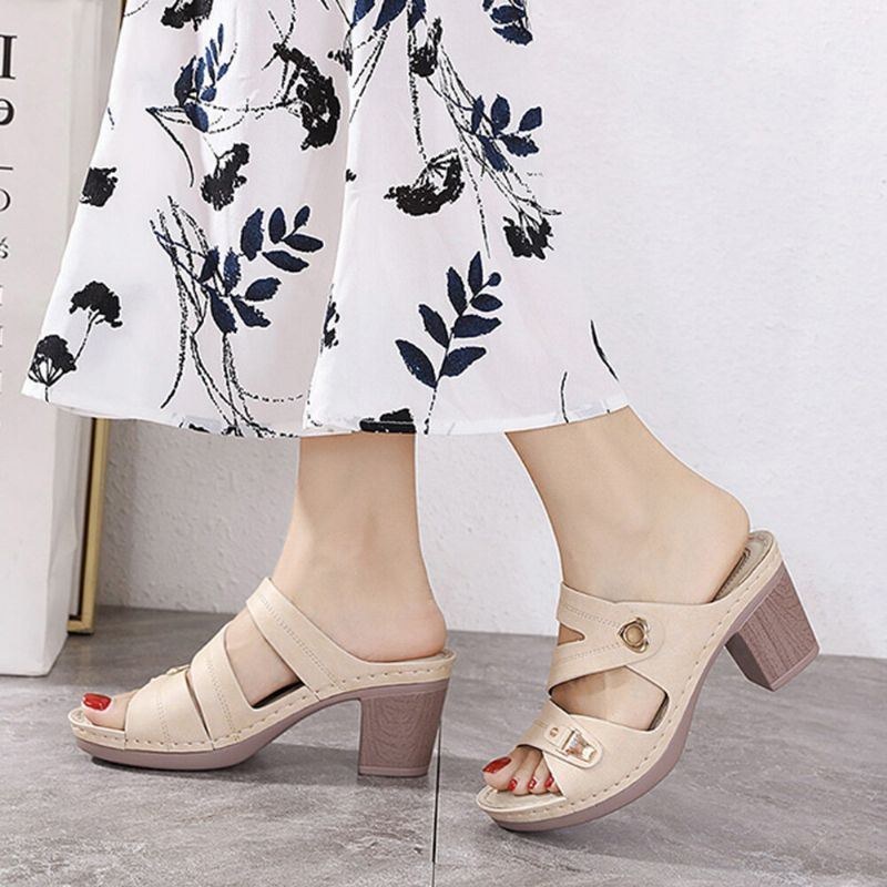 Dame Comfy Metal Spænde Peep Toe Rygløse Chunky Heel Sandaler