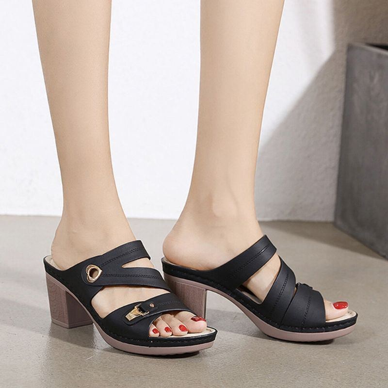 Dame Comfy Metal Spænde Peep Toe Rygløse Chunky Heel Sandaler