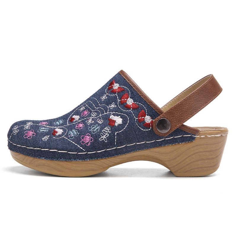 Dame Denim Blomsterbroderi Closed Toe Clogs Sandaler