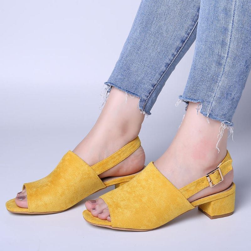 Dame Ensfarvet Ruskind Peep Toe Slingback Chunky Heel Casual Sandaler Med Daglige Hæle