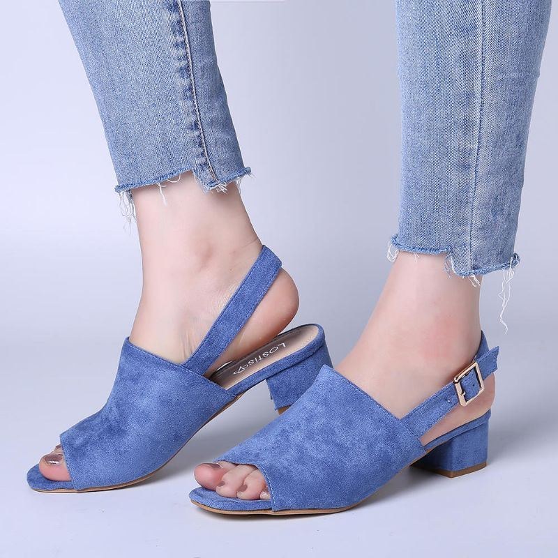 Dame Ensfarvet Ruskind Peep Toe Slingback Chunky Heel Casual Sandaler Med Daglige Hæle