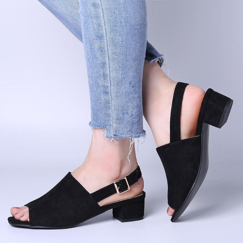 Dame Ensfarvet Ruskind Peep Toe Slingback Chunky Heel Casual Sandaler Med Daglige Hæle