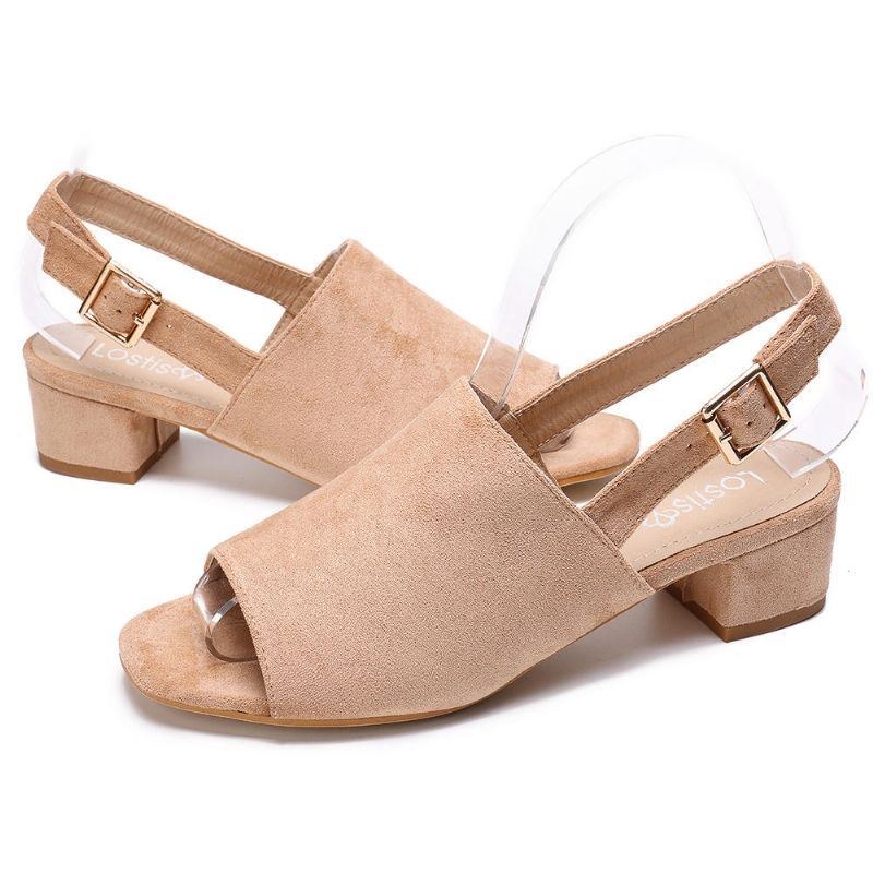 Dame Ensfarvet Ruskind Peep Toe Slingback Chunky Heel Casual Sandaler Med Daglige Hæle