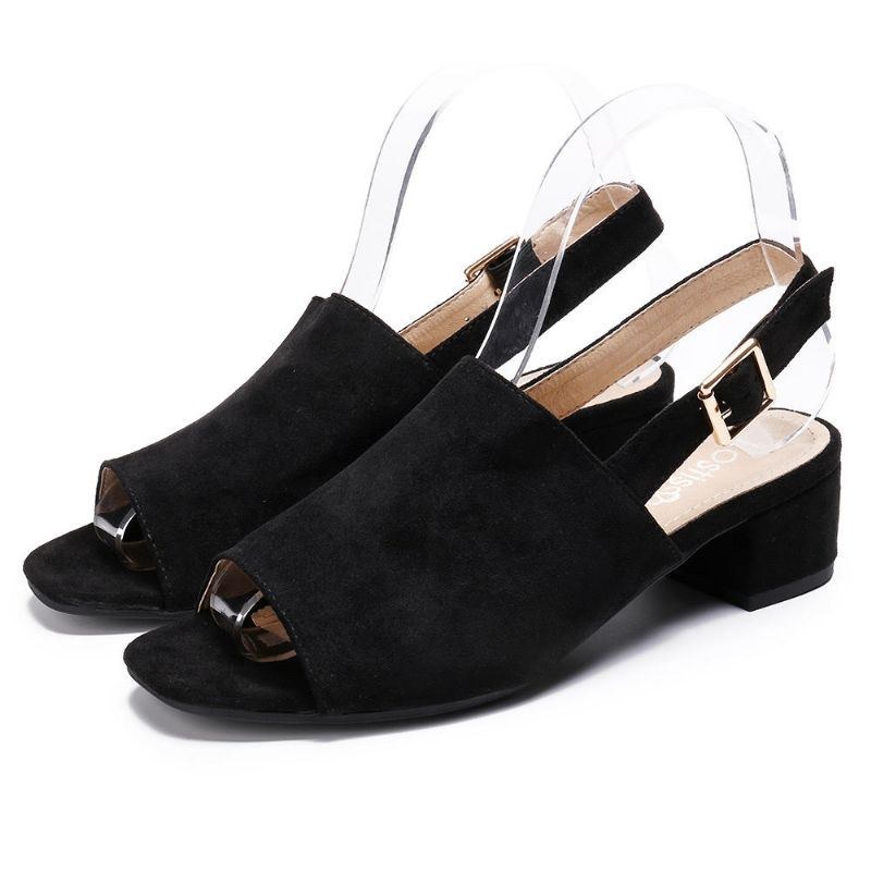 Dame Ensfarvet Ruskind Peep Toe Slingback Chunky Heel Casual Sandaler Med Daglige Hæle