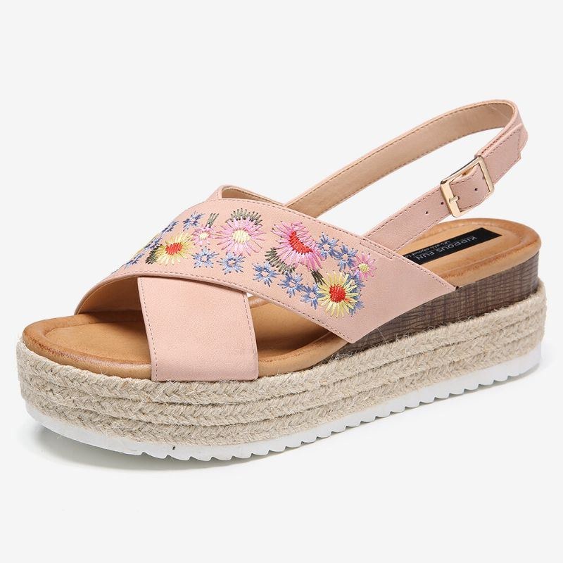 Dame Espadriller Broderi Blomster Cross Strap Slingback Casual Platform Sandaler