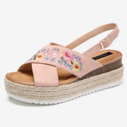 Dame Espadriller Broderi Blomster Cross Strap Slingback Casual Platform Sandaler