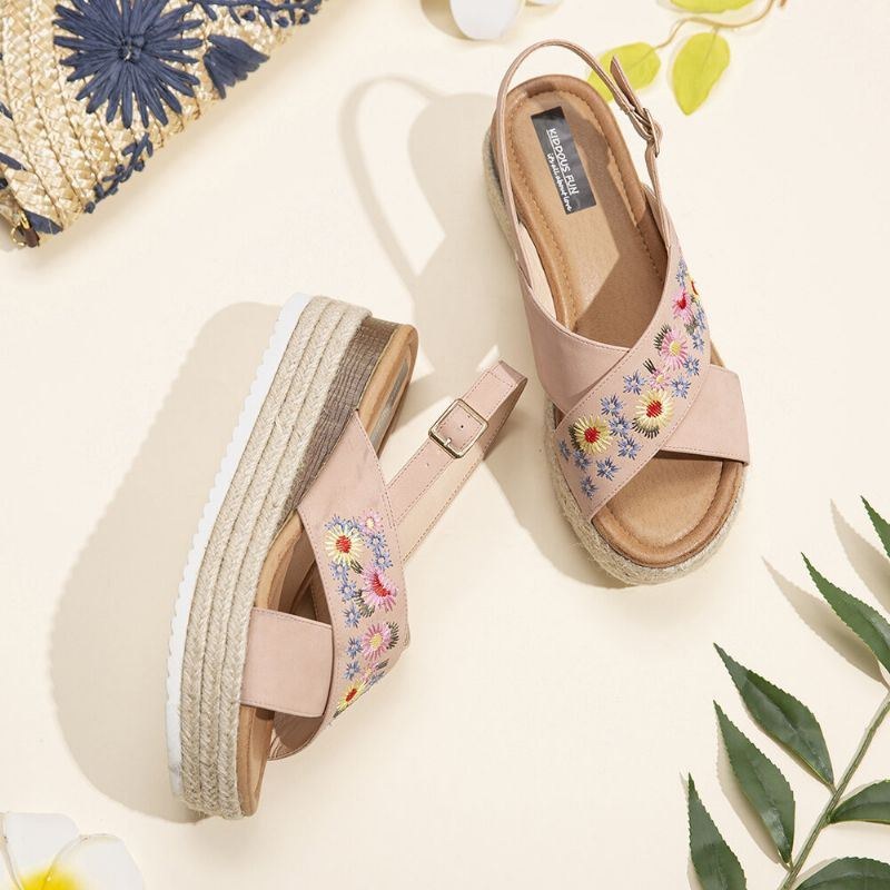 Dame Espadriller Broderi Blomster Cross Strap Slingback Casual Platform Sandaler