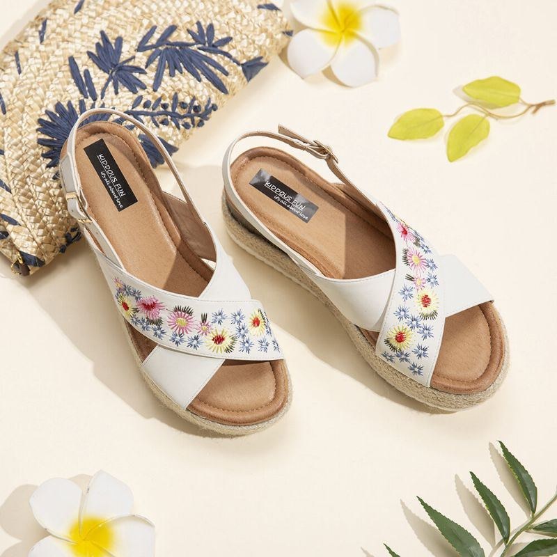 Dame Espadriller Broderi Blomster Cross Strap Slingback Casual Platform Sandaler