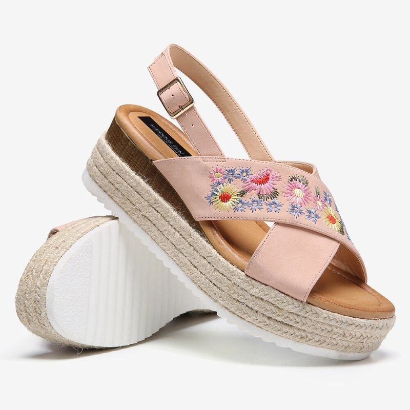 Dame Espadriller Broderi Blomster Cross Strap Slingback Casual Platform Sandaler