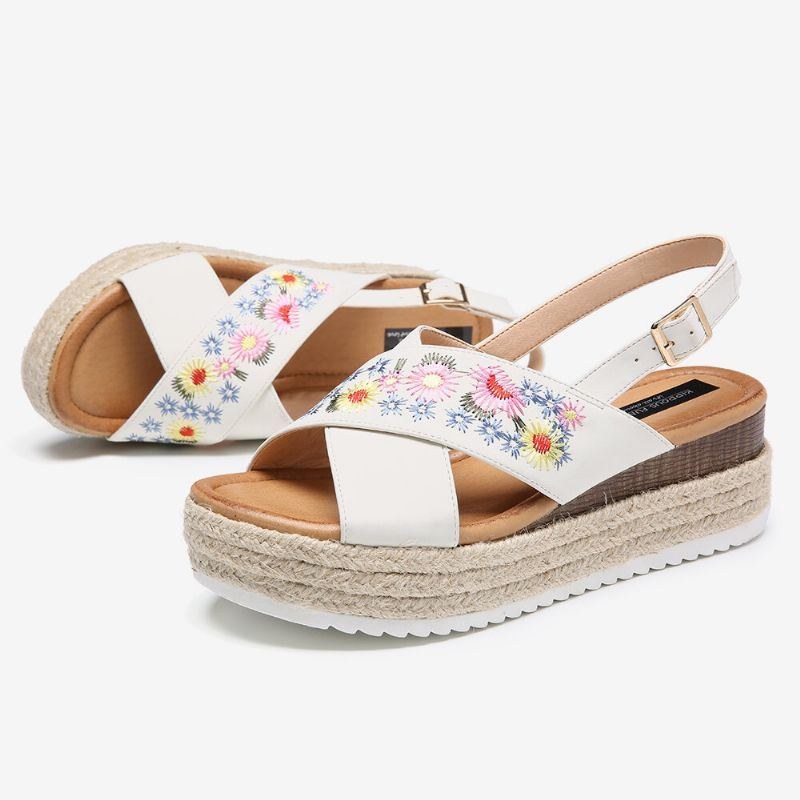 Dame Espadriller Broderi Blomster Cross Strap Slingback Casual Platform Sandaler