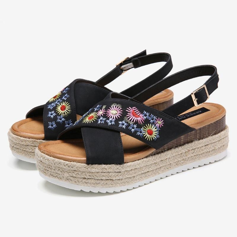 Dame Espadriller Broderi Blomster Cross Strap Slingback Casual Platform Sandaler