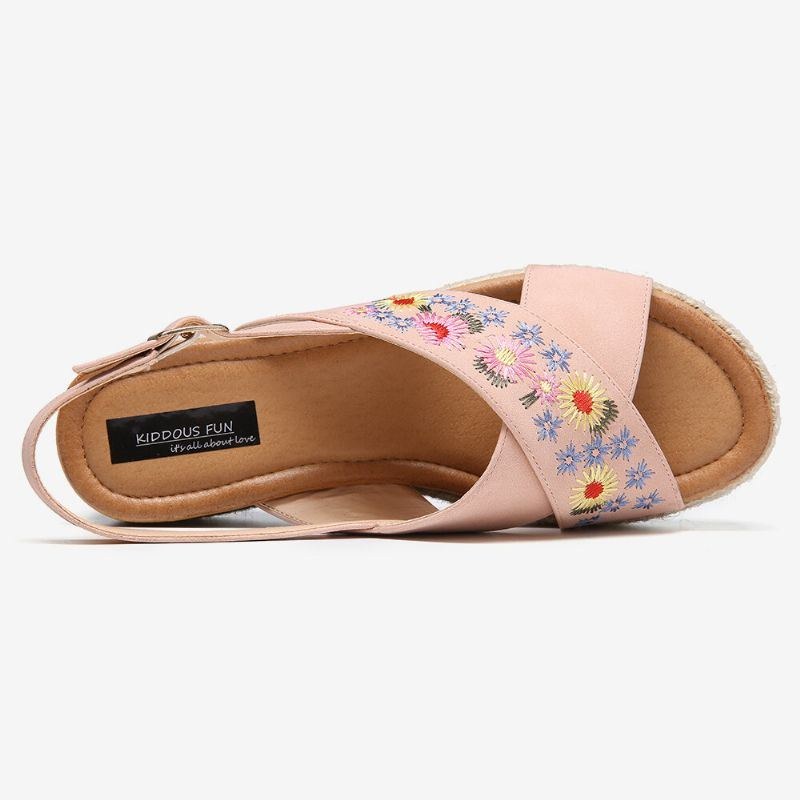 Dame Espadriller Broderi Blomster Cross Strap Slingback Casual Platform Sandaler