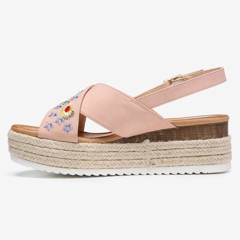 Dame Espadriller Broderi Blomster Cross Strap Slingback Casual Platform Sandaler