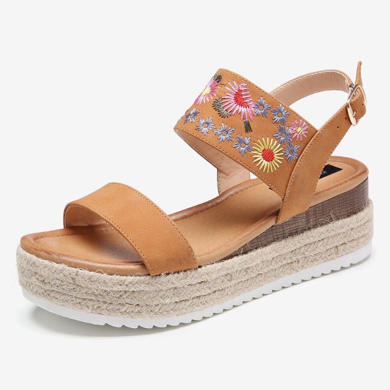 Dame Espadriller Broderi Blomster Spænde Strap Slingback Platform Sandaler