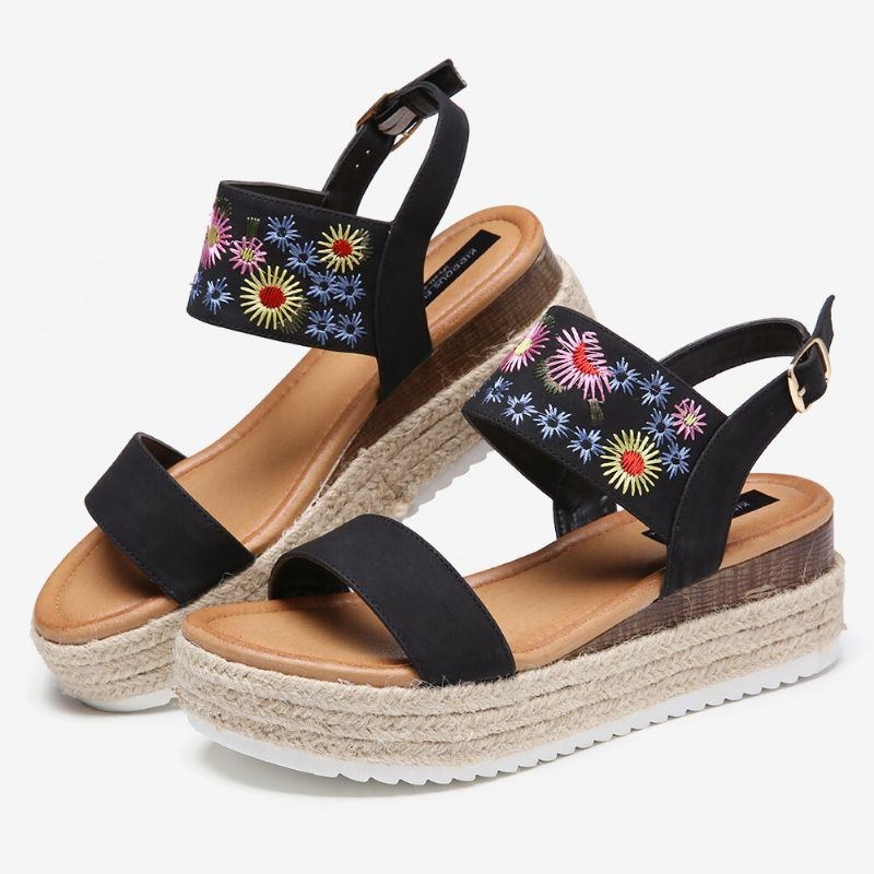 Dame Espadriller Broderi Blomster Spænde Strap Slingback Platform Sandaler