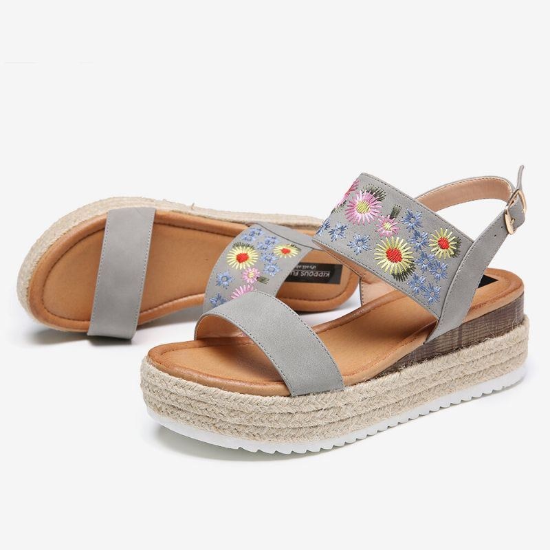 Dame Espadriller Broderi Blomster Spænde Strap Slingback Platform Sandaler