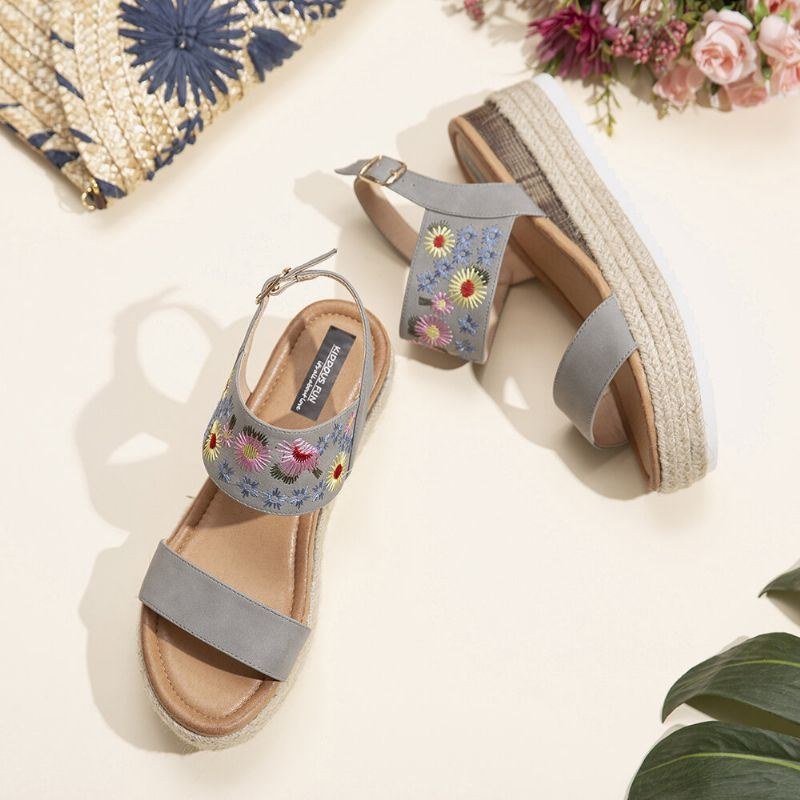 Dame Espadriller Broderi Blomster Spænde Strap Slingback Platform Sandaler