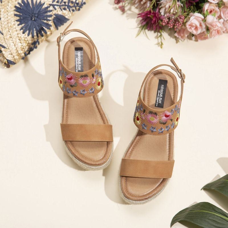 Dame Espadriller Broderi Blomster Spænde Strap Slingback Platform Sandaler