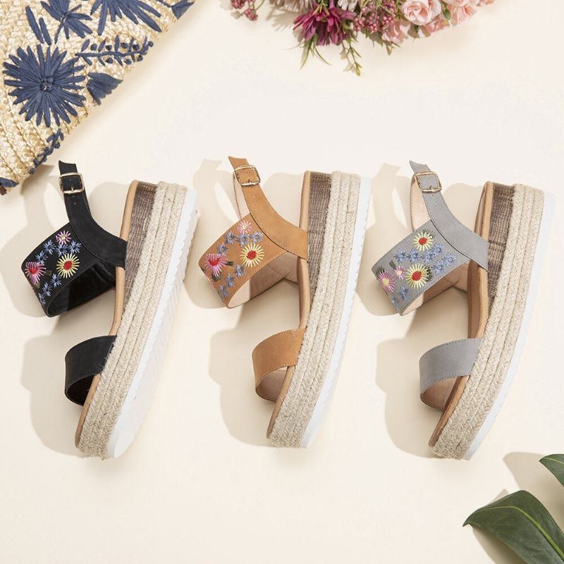 Dame Espadriller Broderi Blomster Spænde Strap Slingback Platform Sandaler