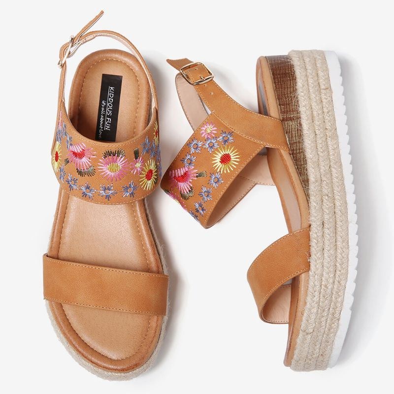 Dame Espadriller Broderi Blomster Spænde Strap Slingback Platform Sandaler