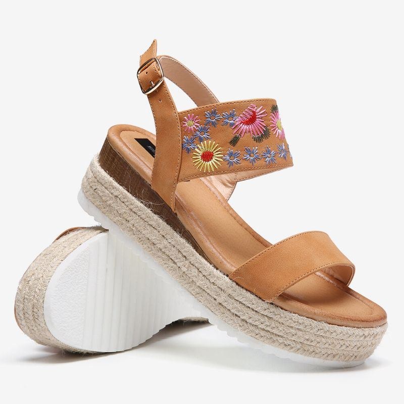 Dame Espadriller Broderi Blomster Spænde Strap Slingback Platform Sandaler