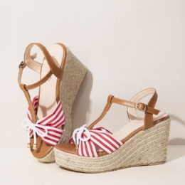 Dame Espadriller Stribet T-strop Cross Strap Casual Beach Wedge Sandaler