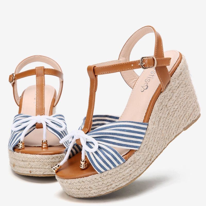 Dame Espadriller Stribet T-strop Cross Strap Casual Beach Wedge Sandaler