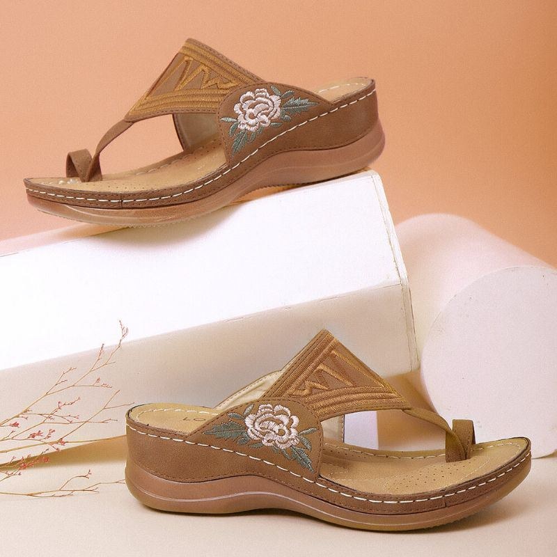 Dame Flower Brodery Toe Ring Comfy Casual Daily Summer Wedge Sandaler