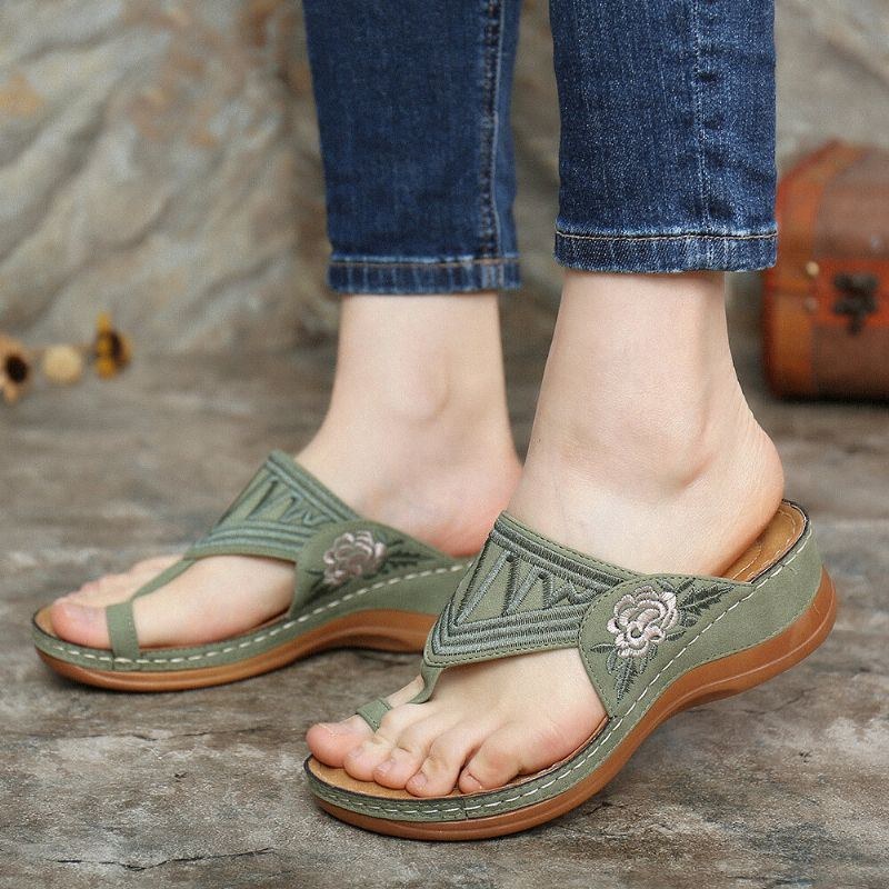 Dame Flower Brodery Toe Ring Comfy Casual Daily Summer Wedge Sandaler