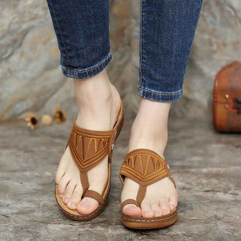 Dame Flower Brodery Toe Ring Comfy Casual Daily Summer Wedge Sandaler