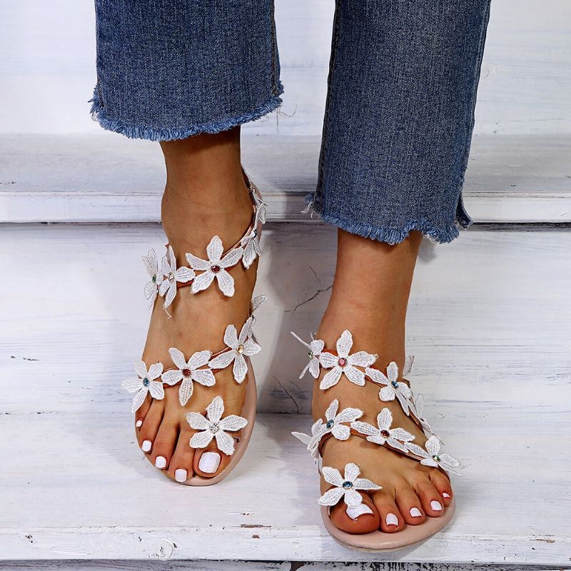 Dame Flower Decro Bohemia Beading Toe Ring Casual Beach Flat Sandaler