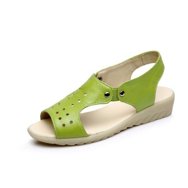 Dame Læder Udhulet Peep Toe Slip On Bløde Sandaler