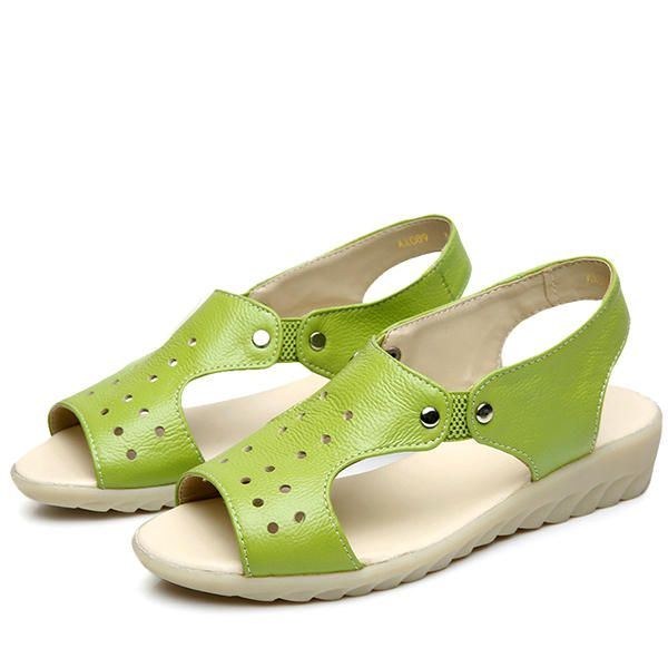 Dame Læder Udhulet Peep Toe Slip On Bløde Sandaler