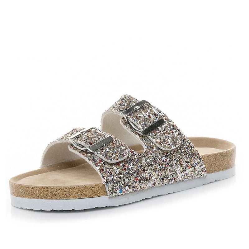 Dame Large Størrelse Casual Bling Pailletter Dual Strap Spænde Flade Hjemmesko Korksandaler