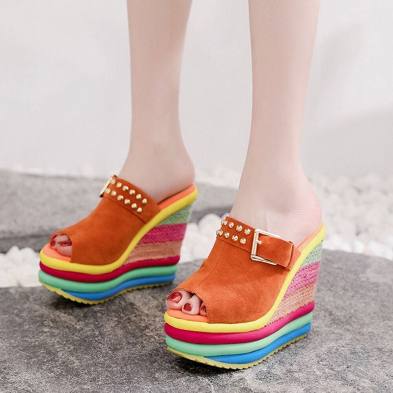 Dame Nitte Regnbue Farverigt Spænde Peep Toe Sommer Strand Kile Platform Sandaler