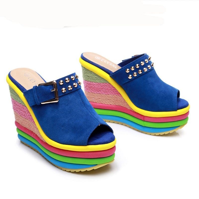 Dame Nitte Regnbue Farverigt Spænde Peep Toe Sommer Strand Kile Platform Sandaler