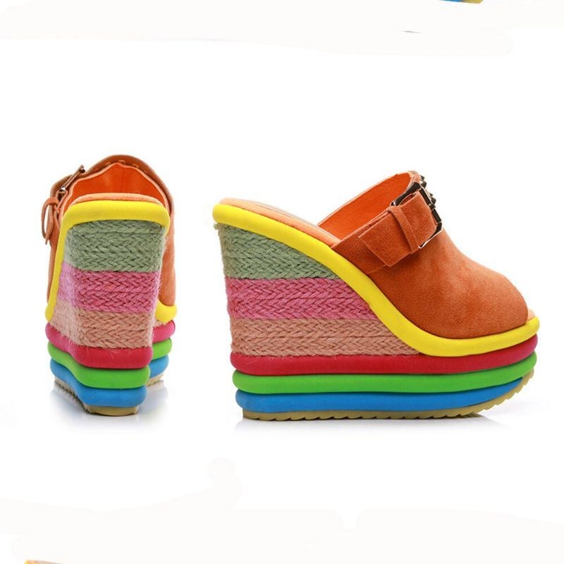 Dame Nitte Regnbue Farverigt Spænde Peep Toe Sommer Strand Kile Platform Sandaler