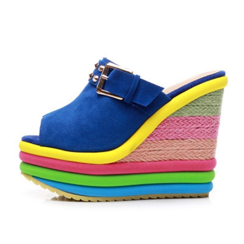 Dame Nitte Regnbue Farverigt Spænde Peep Toe Sommer Strand Kile Platform Sandaler