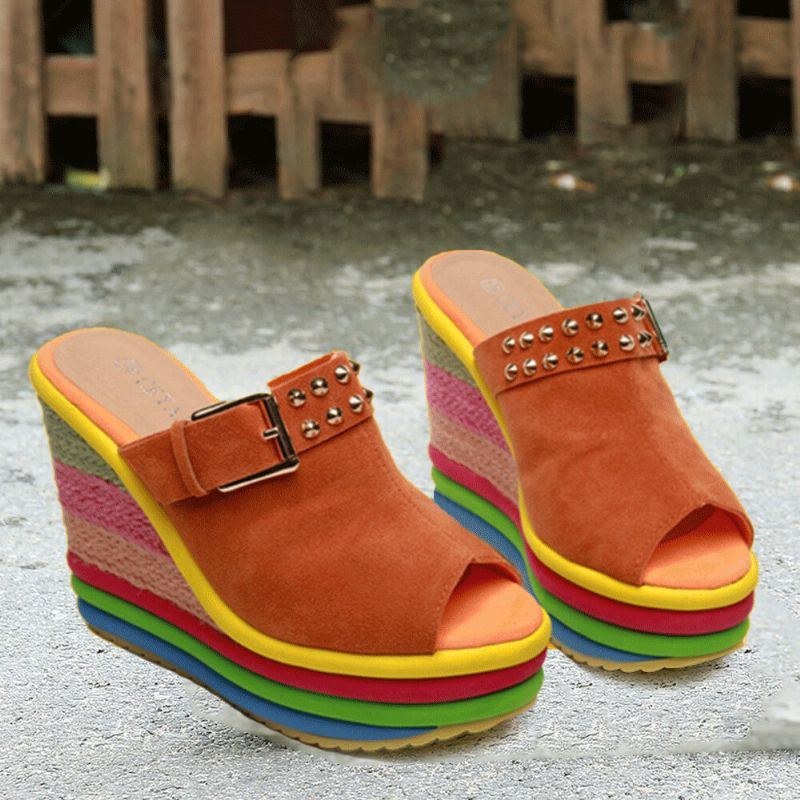 Dame Nitte Regnbue Farverigt Spænde Peep Toe Sommer Strand Kile Platform Sandaler