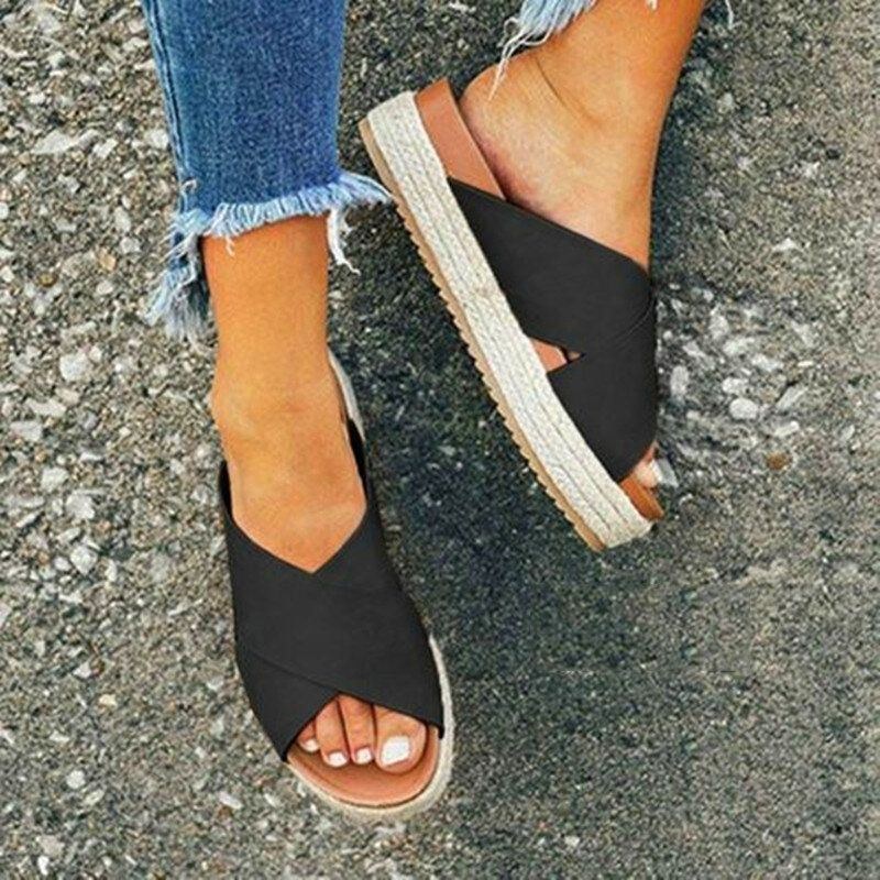 Dame Open Toe Espadrilles Cross Bælte Sommer Platform Sandaler