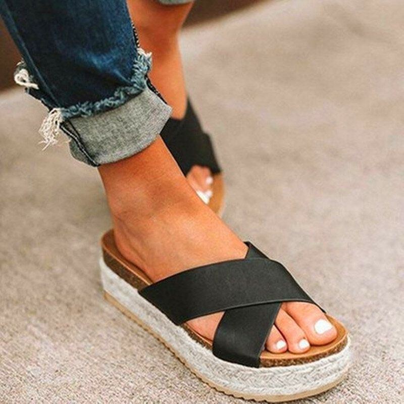 Dame Open Toe Espadrilles Cross Bælte Sommer Platform Sandaler