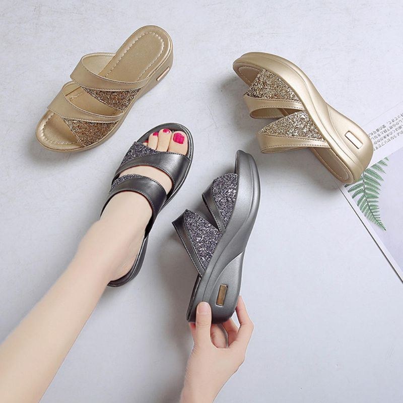 Dame Pailletter Splejsning Åben Tå Comfy Summer Wedge Sandaler