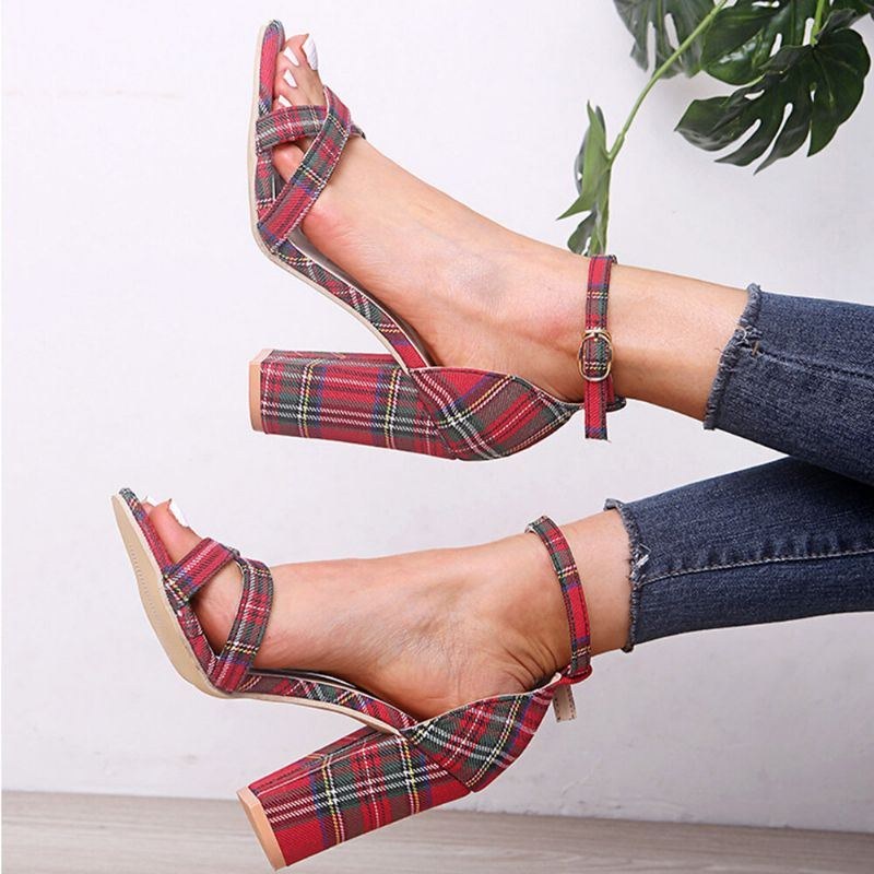 Dame Plaid Cross Strap Gitter Decor Spænde Højhælede Sandaler