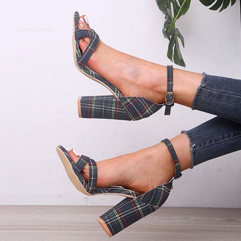 Dame Plaid Cross Strap Gitter Decor Spænde Højhælede Sandaler