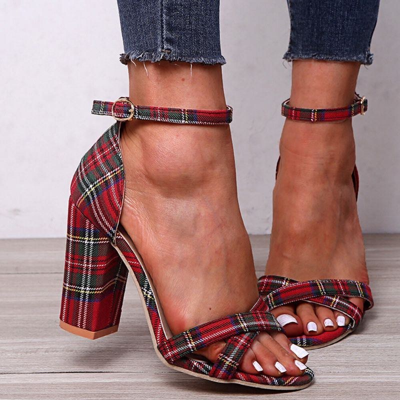 Dame Plaid Cross Strap Gitter Decor Spænde Højhælede Sandaler